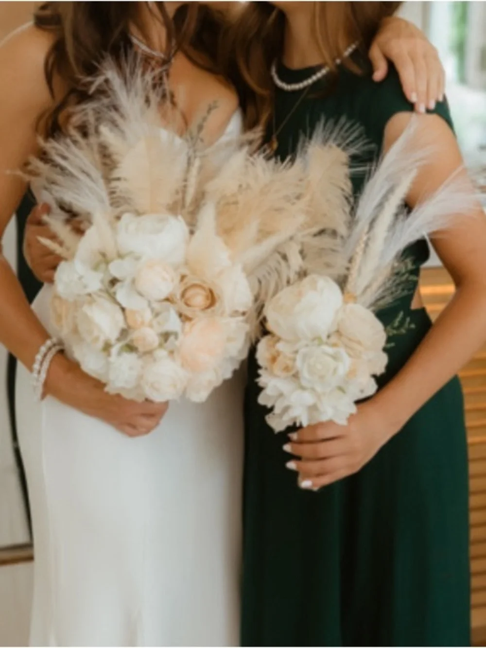 Handmade bride wedding bridal Bouquets white ivory boho neutral linen feathers